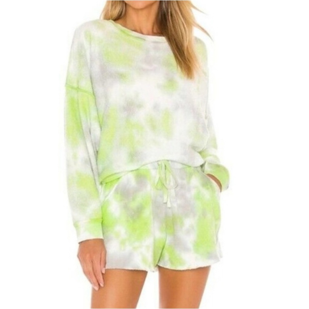 FREE PEOPLE COZY GREEN TIE DYE OVERSIZED SWEATSHIRT SHORT 2PC SET S